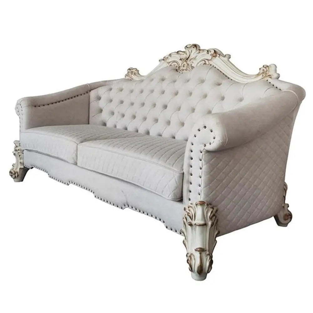 Baroque II Bone White Loveseat w/6 Pillows - Crystal Tufted Light Gray Fabric with Scrolled Trim Acme Furniture