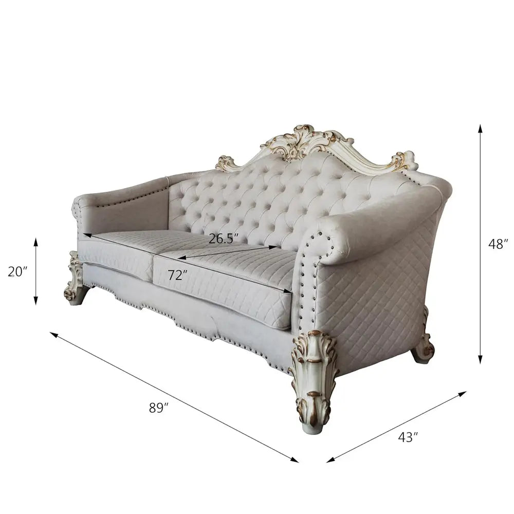 Baroque II Bone White Loveseat w/6 Pillows - Crystal Tufted Light Gray Fabric with Scrolled Trim Acme Furniture