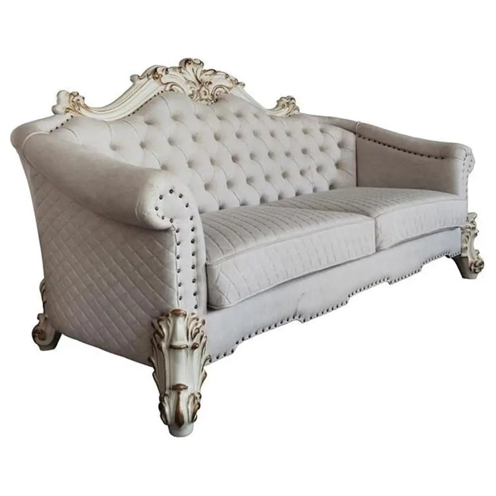 Baroque II Bone White Loveseat w/6 Pillows - Crystal Tufted Light Gray Fabric with Scrolled Trim Acme Furniture