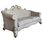 Baroque II Bone White Loveseat w/6 Pillows - Crystal Tufted Light Gray Fabric with Scrolled Trim Acme Furniture