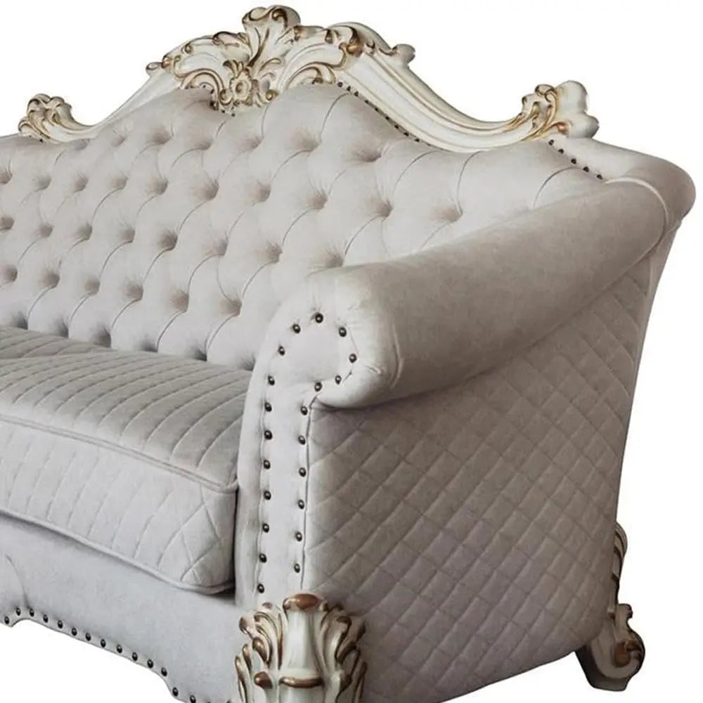 Baroque II Bone White Loveseat w/6 Pillows - Crystal Tufted Light Gray Fabric with Scrolled Trim Acme Furniture