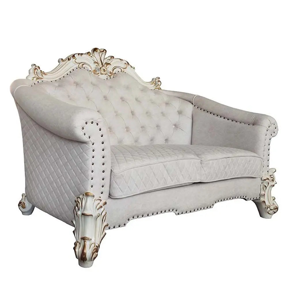Baroque II Bone White Loveseat w/4 Pillows - Crystal Tufted Light Gray Fabric with Scrolled Trim Acme Furniture