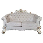 Baroque II Bone White Loveseat w/4 Pillows - Crystal Tufted Light Gray Fabric with Scrolled Trim Acme Furniture