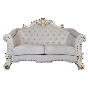 Baroque II Bone White Loveseat w/4 Pillows - Crystal Tufted Light Gray Fabric with Scrolled Trim Acme Furniture