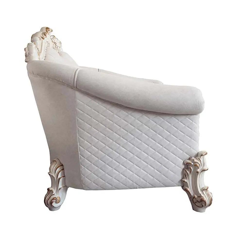 Baroque II Bone White Loveseat w/4 Pillows - Crystal Tufted Light Gray Fabric with Scrolled Trim Acme Furniture