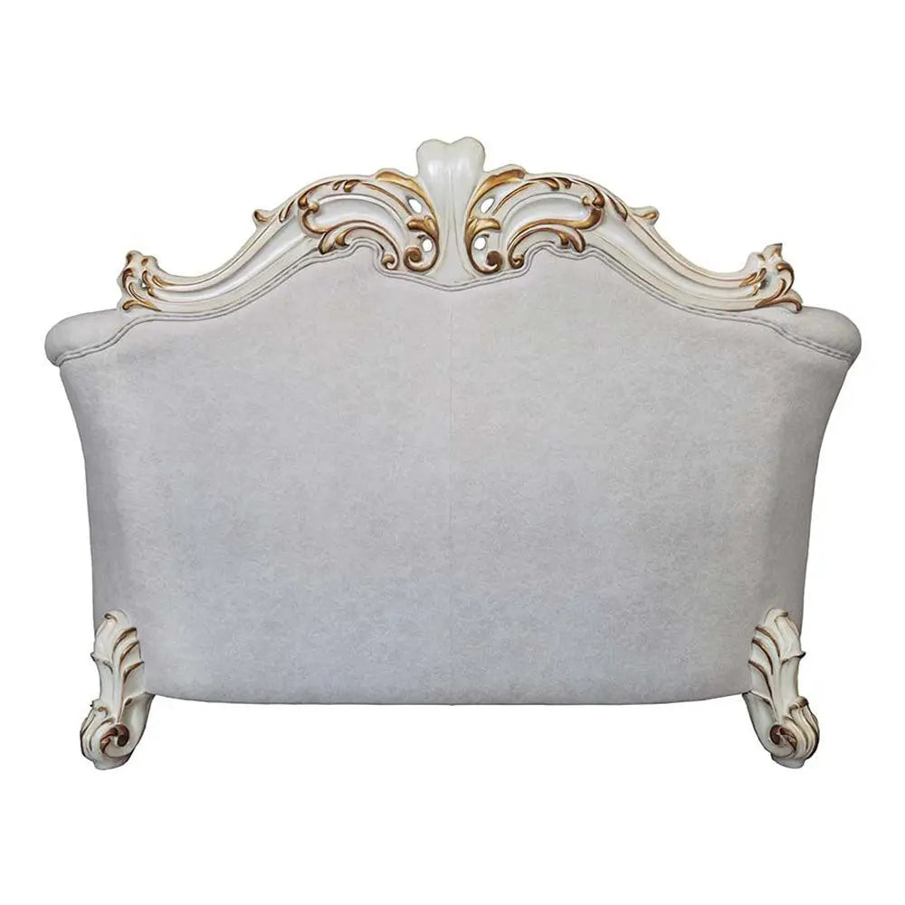 Baroque II Bone White Loveseat w/4 Pillows - Crystal Tufted Light Gray Fabric with Scrolled Trim Acme Furniture