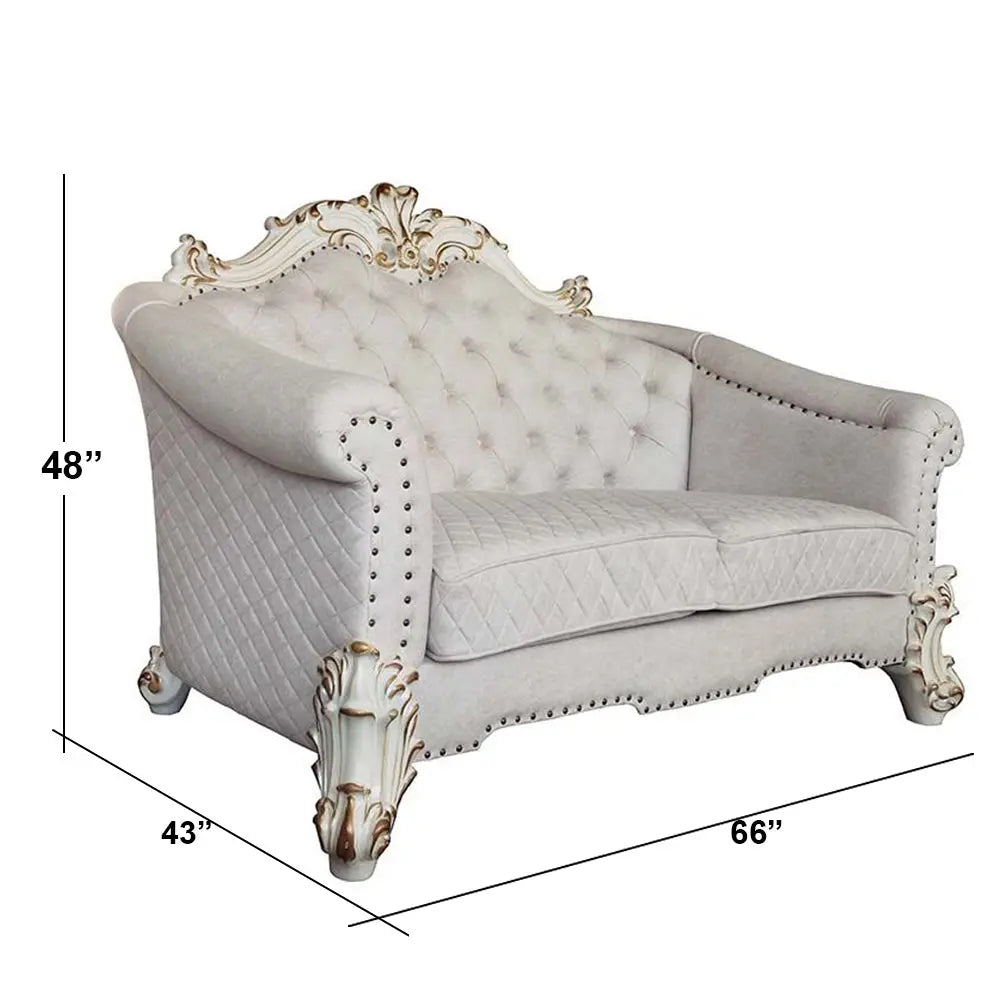 Baroque II Bone White Loveseat w/4 Pillows - Crystal Tufted Light Gray Fabric with Scrolled Trim Acme Furniture