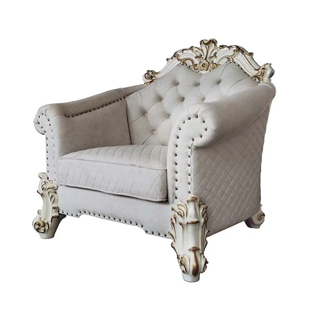 Baroque II Bone White Armchair - Crystal Tufted Light Gray Fabric with Scrolled Trim Acme Furniture