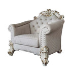 Baroque II Bone White Armchair - Crystal Tufted Light Gray Fabric with Scrolled Trim Acme Furniture