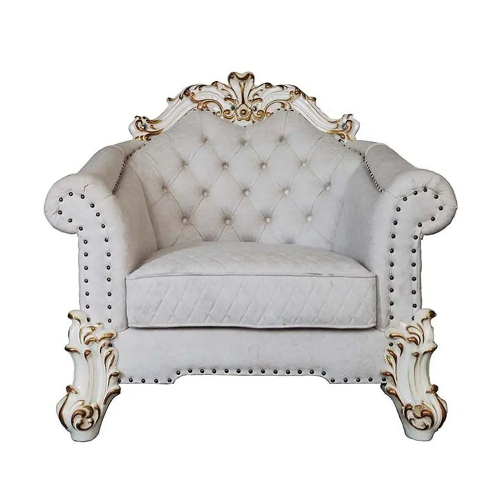 Baroque II Bone White Armchair - Crystal Tufted Light Gray Fabric with Scrolled Trim Acme Furniture