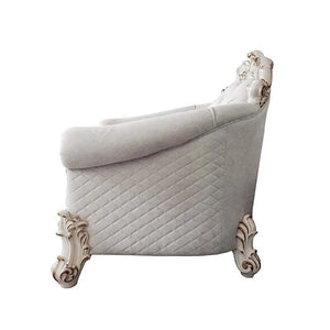 Baroque II Bone White Armchair - Crystal Tufted Light Gray Fabric with Scrolled Trim Acme Furniture