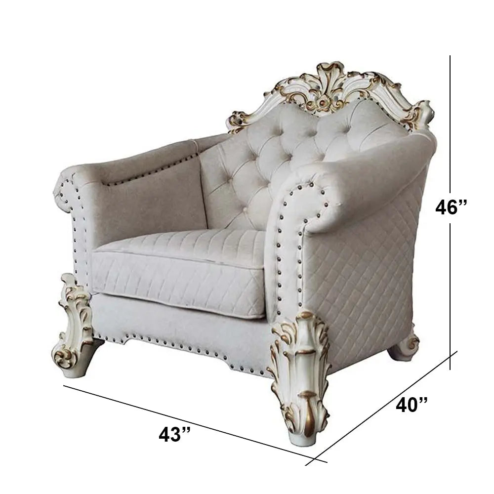 Baroque II Bone White Armchair - Crystal Tufted Light Gray Fabric with Scrolled Trim Acme Furniture