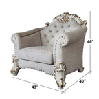 Baroque II Bone White Armchair - Crystal Tufted Light Gray Fabric with Scrolled Trim Acme Furniture