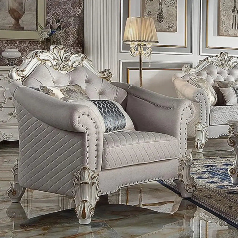 Baroque II Bone White Armchair - Crystal Tufted Light Gray Fabric with Scrolled Trim Acme Furniture
