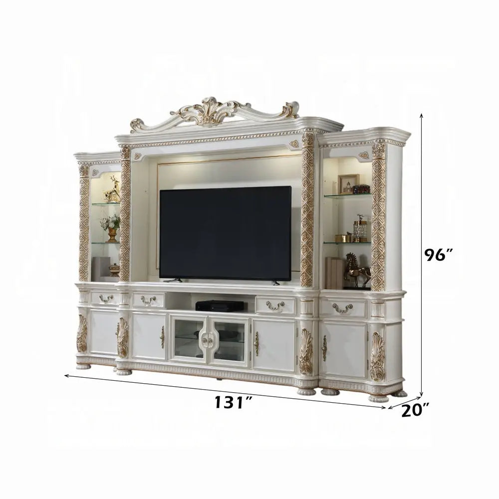 Baroque Bone White Entertainment Center - 131" with Side Piers and Touch Light Acme Furniture