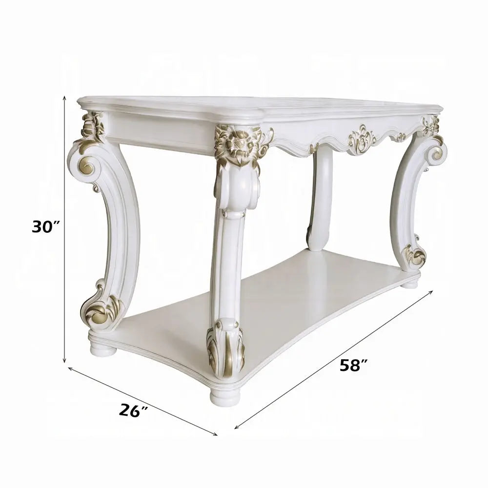 Baroque Bone White Sofa Table - 58" Rectangular with Scrolled Legs and Shelf Acme Furniture