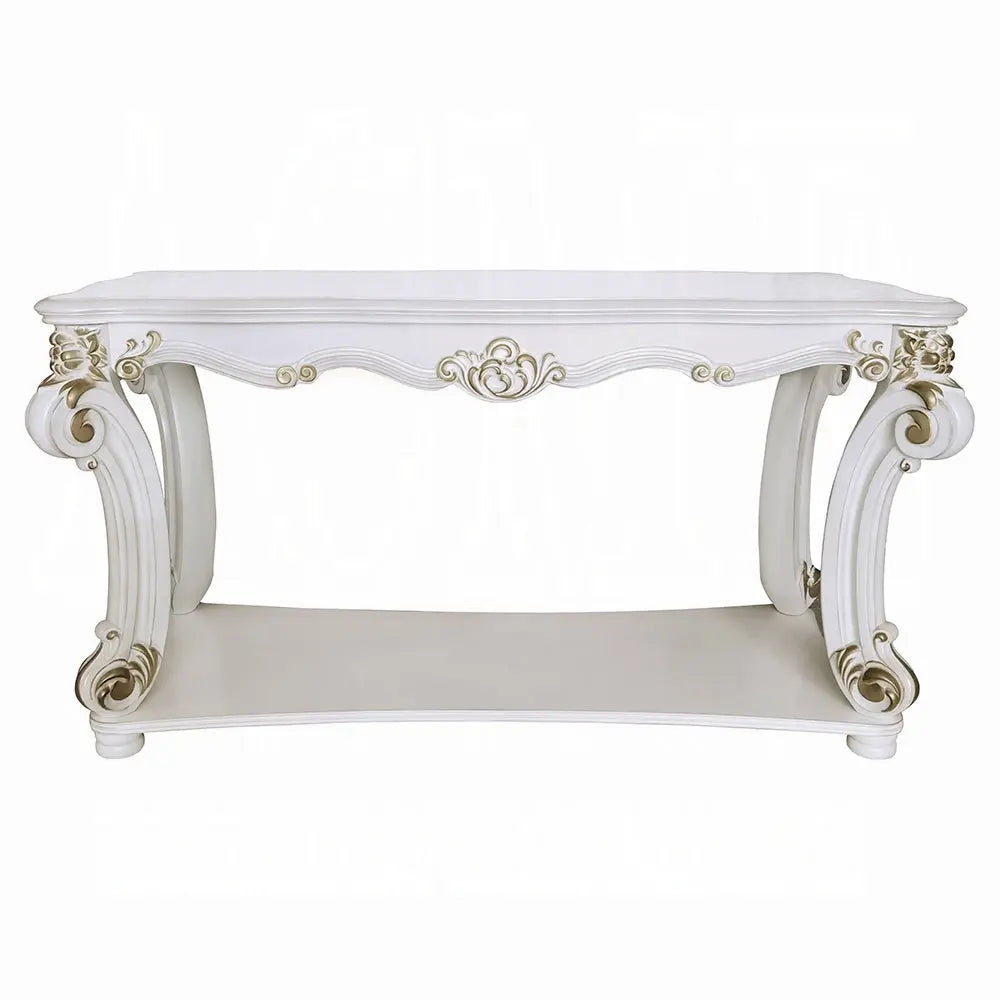 Baroque Bone White Sofa Table - 58" Rectangular with Scrolled Legs and Shelf Acme Furniture