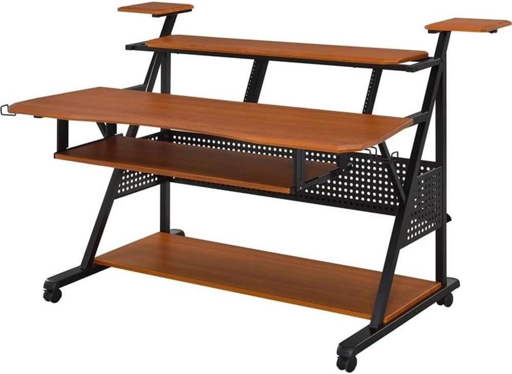 Metal and Wooden Music Desk with Wheels, Cherry and Black