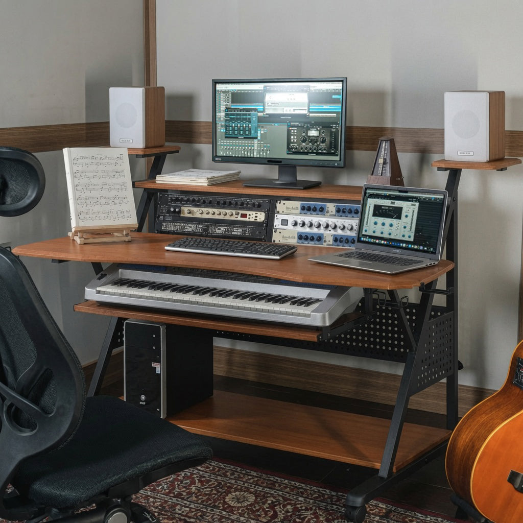 Metal and Wooden Music Desk with Wheels, Cherry and Black