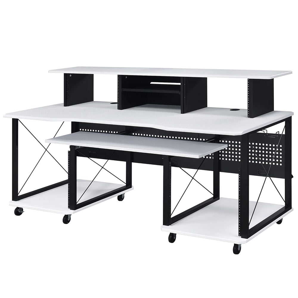Egara 72" x 30" Rectangular Metal Storage Music Desk, Included Wheels, Multiple Functional & Storage Spaces, in White and Black Finish