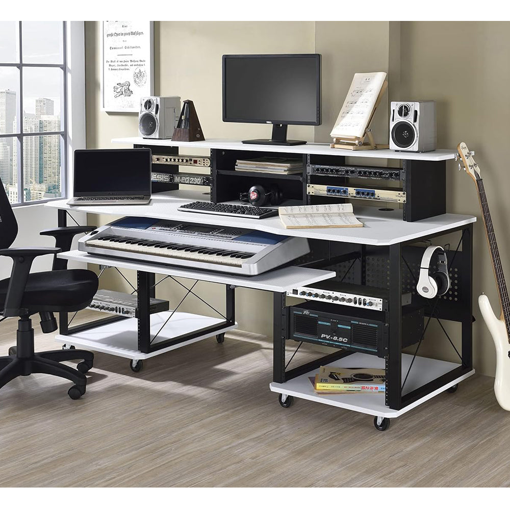 Egara 72" x 30" Rectangular Metal Storage Music Desk, Included Wheels, Multiple Functional & Storage Spaces, in White and Black Finish