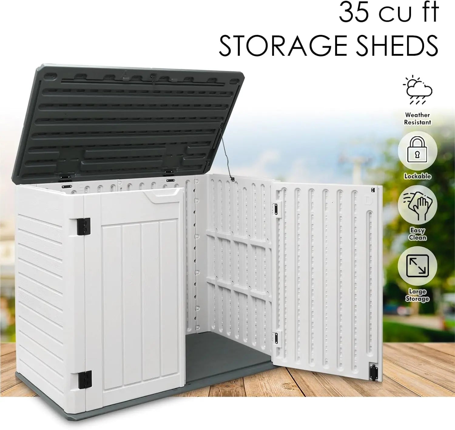 4ft x 2.5ft 35 Cu Ft Outdoor Storage Shed, Waterproof Resin Horizontal Storage Box with Lid & Lockable Doors for Backyard Garden Patio Pool Shopmurai