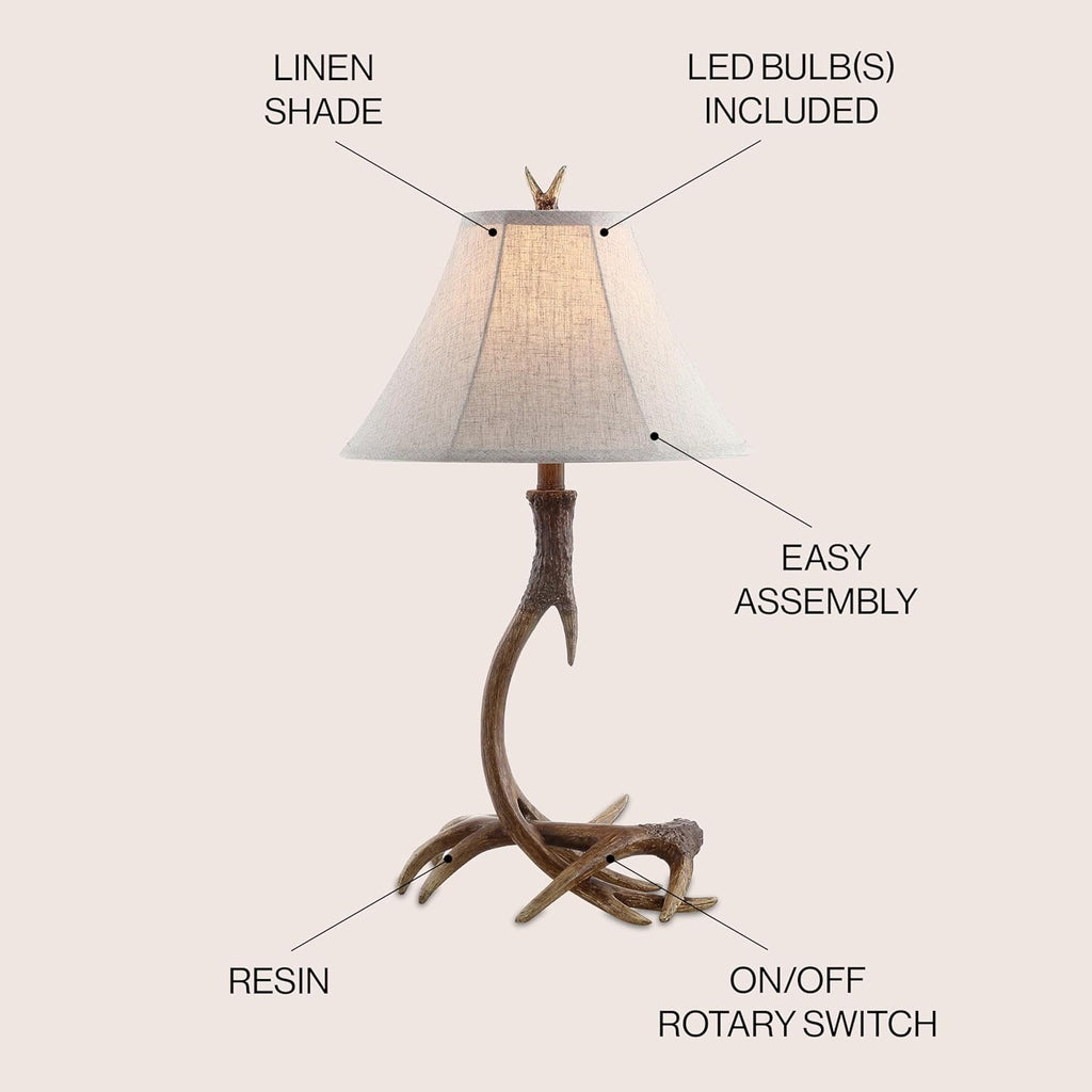 Rustic Antler Table Lamp 27.5", Farmhouse Lodge Cabin Decor for Living Room Bedroom, Resin Bedside Nightstand End Table Lamp with Linen Shade