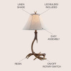 Rustic Antler Table Lamp 27.5", Farmhouse Lodge Cabin Decor for Living Room Bedroom, Resin Bedside Nightstand End Table Lamp with Linen Shade