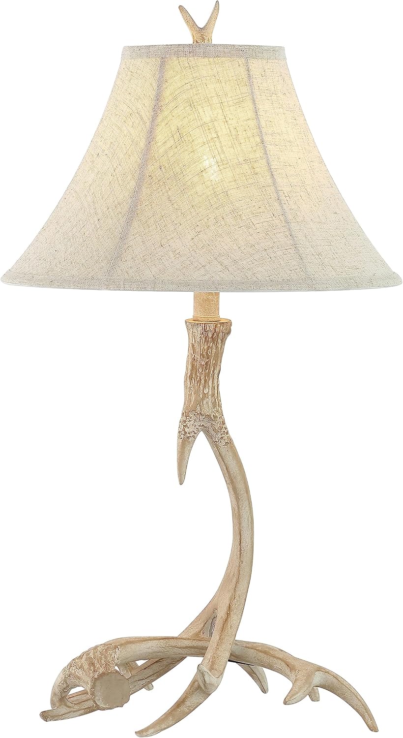 Rustic Antler Table Lamp 27.5", Farmhouse Lodge Cabin Decor for Living Room Bedroom, Resin Bedside Nightstand End Table Lamp with Linen Shade