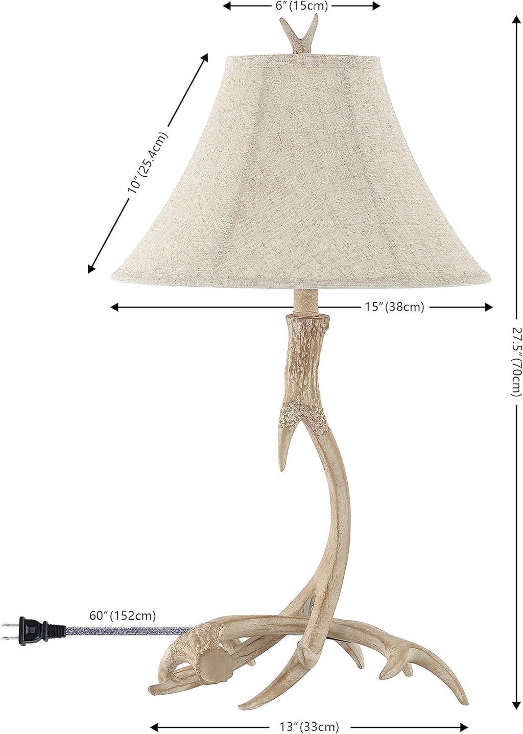 Rustic Antler Table Lamp 27.5", Farmhouse Lodge Cabin Decor for Living Room Bedroom, Resin Bedside Nightstand End Table Lamp with Linen Shade