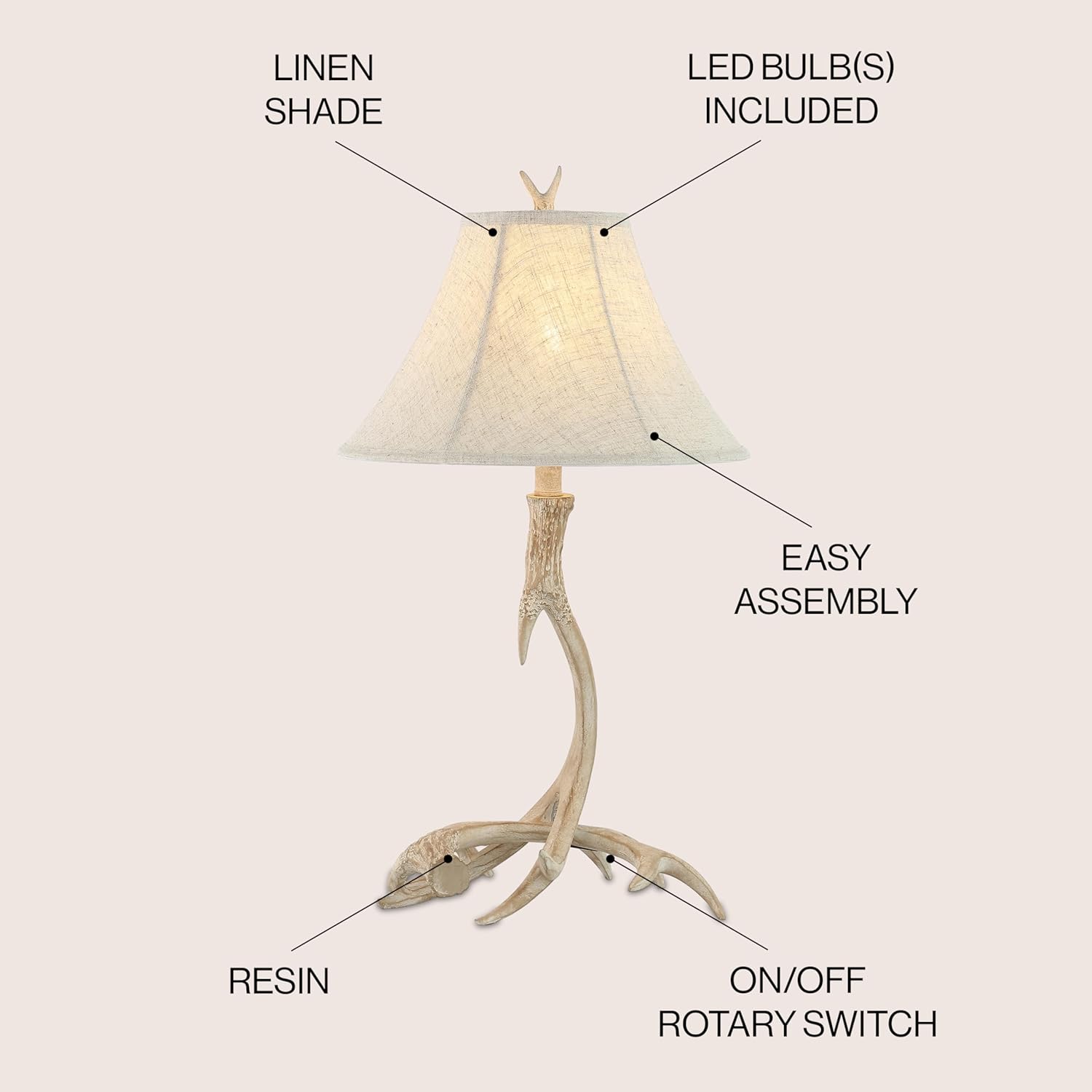 Rustic Antler Table Lamp 27.5", Farmhouse Lodge Cabin Decor for Living Room Bedroom, Resin Bedside Nightstand End Table Lamp with Linen Shade