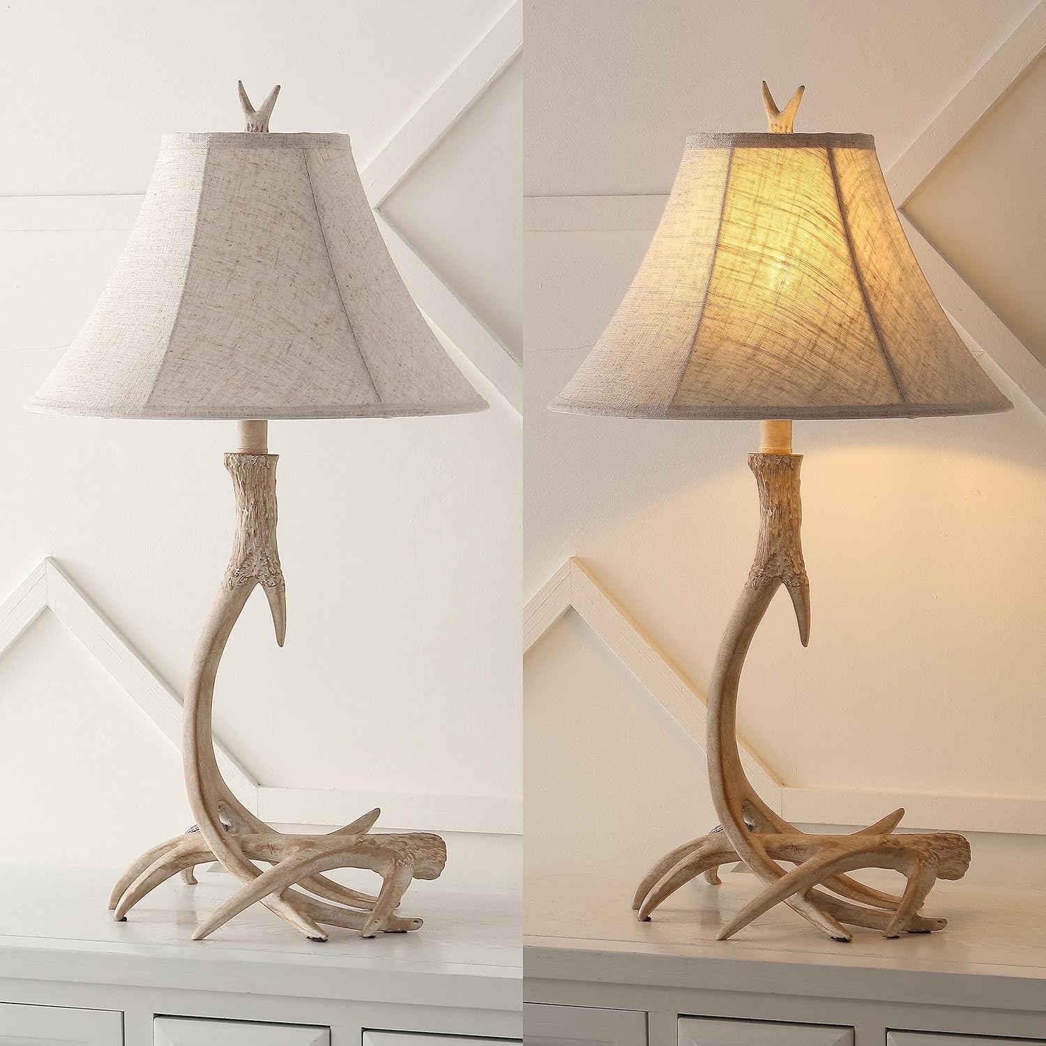 Rustic Antler Table Lamp 27.5", Farmhouse Lodge Cabin Decor for Living Room Bedroom, Resin Bedside Nightstand End Table Lamp with Linen Shade