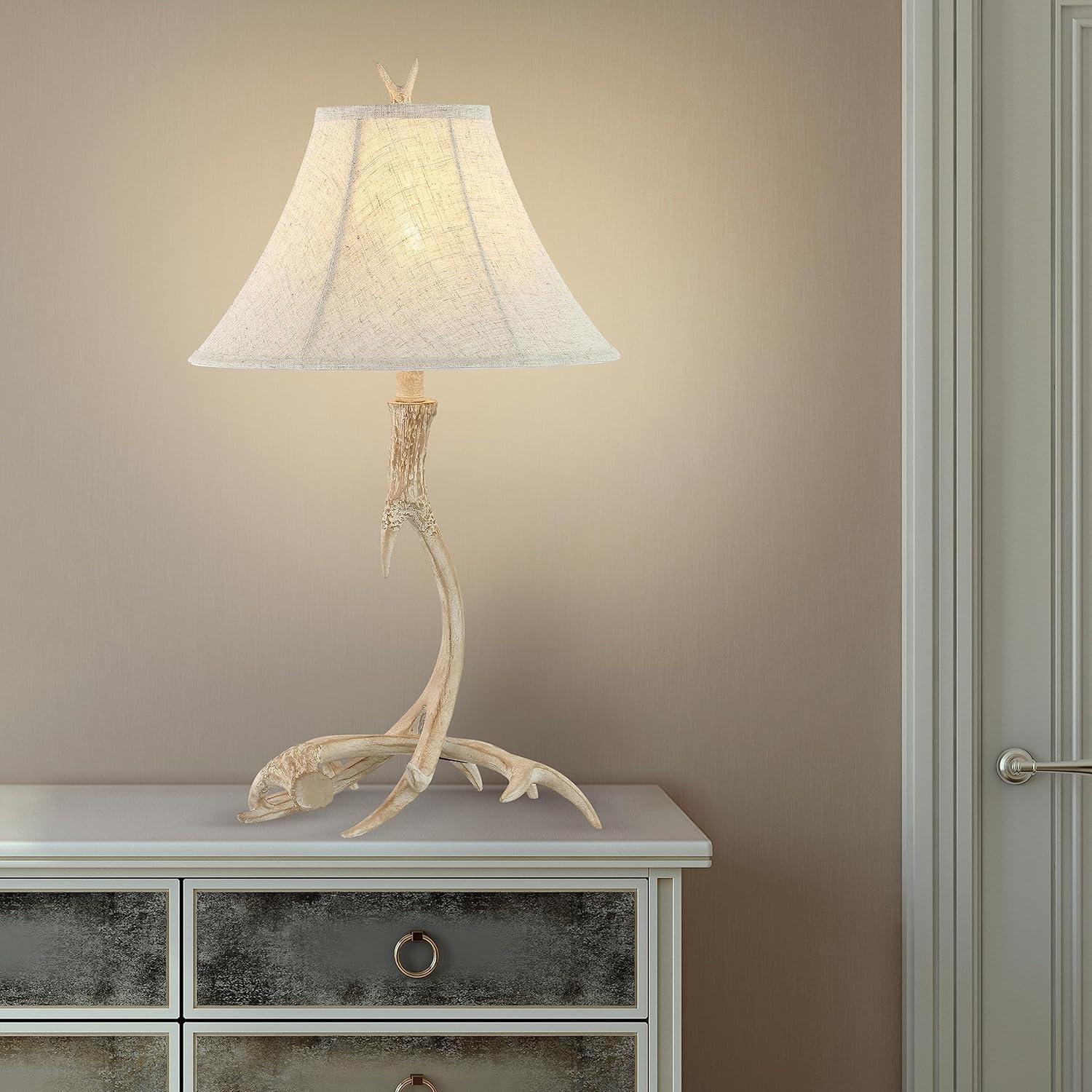 Rustic Antler Table Lamp 27.5", Farmhouse Lodge Cabin Decor for Living Room Bedroom, Resin Bedside Nightstand End Table Lamp with Linen Shade