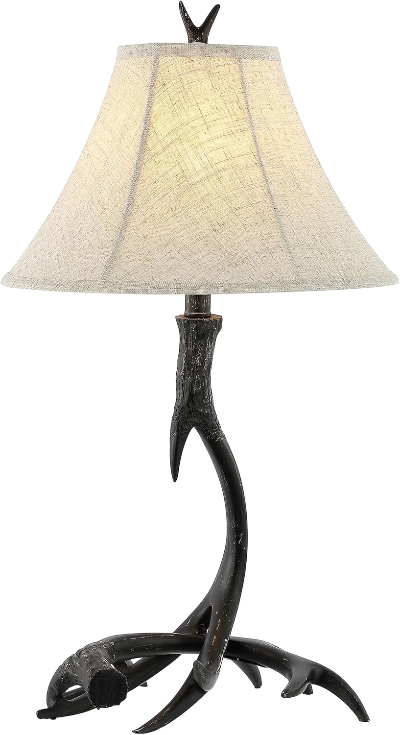 Rustic Antler Table Lamp 27.5", Farmhouse Lodge Cabin Decor for Living Room Bedroom, Resin Bedside Nightstand End Table Lamp with Linen Shade