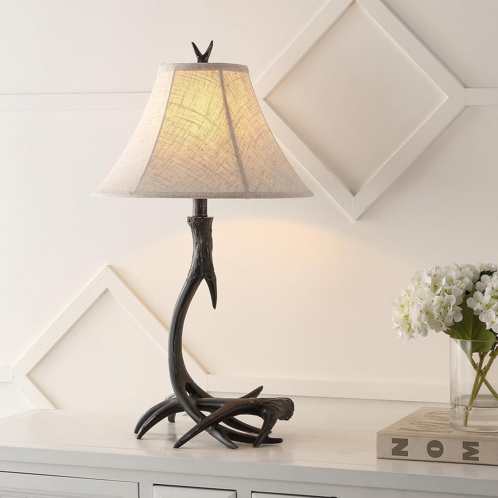 Rustic Antler Table Lamp 27.5", Farmhouse Lodge Cabin Decor for Living Room Bedroom, Resin Bedside Nightstand End Table Lamp with Linen Shade