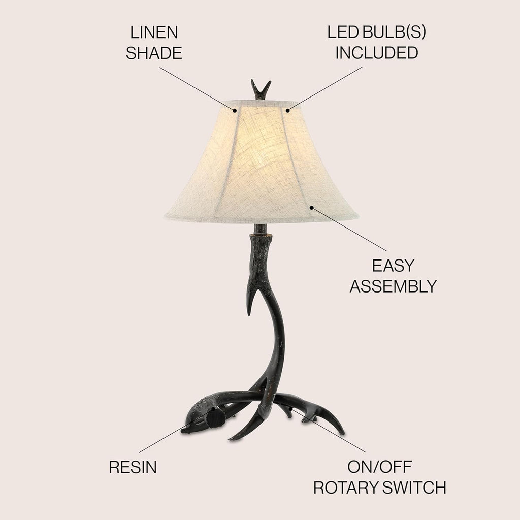 Rustic Antler Table Lamp 27.5", Farmhouse Lodge Cabin Decor for Living Room Bedroom, Resin Bedside Nightstand End Table Lamp with Linen Shade