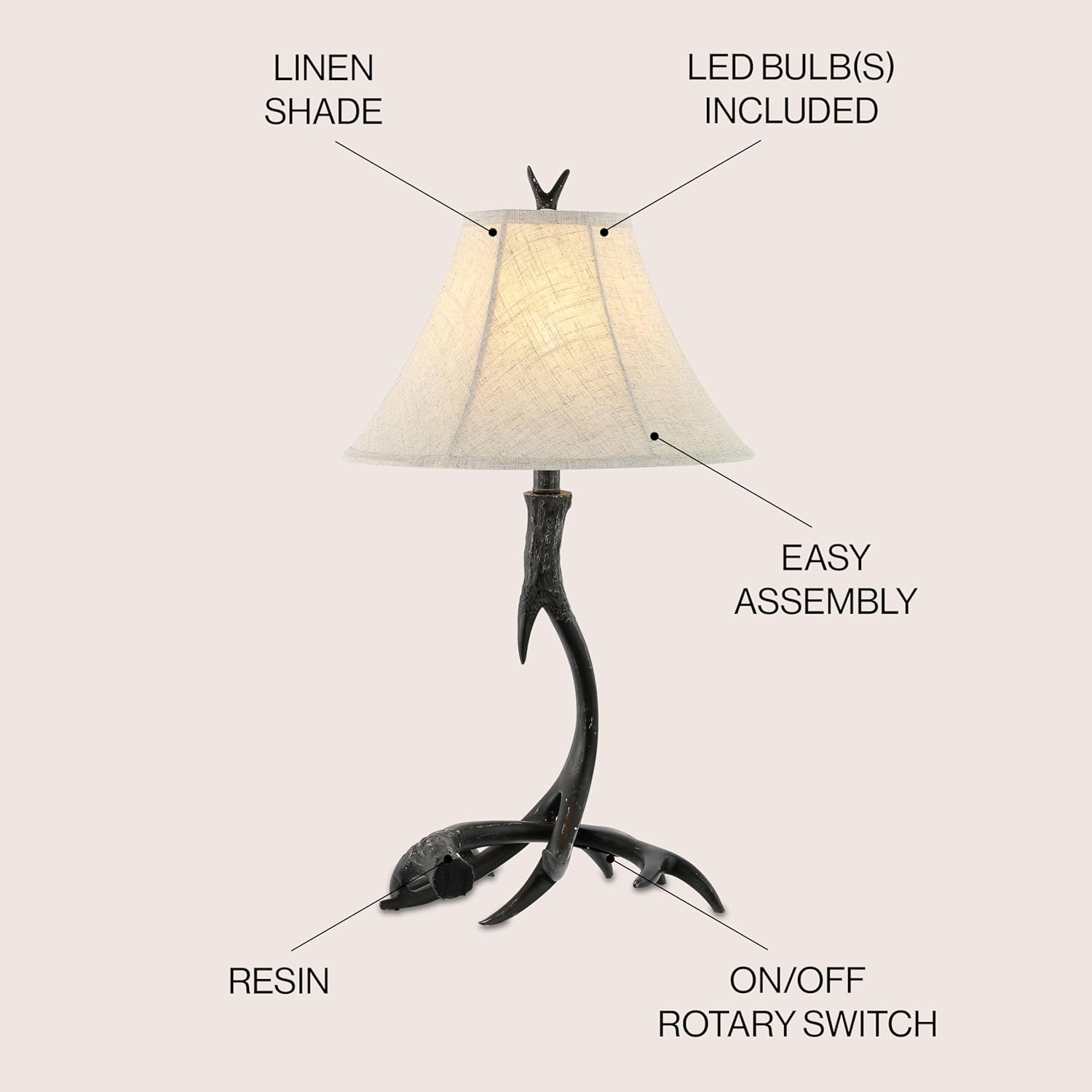 Rustic Antler Table Lamp 27.5", Farmhouse Lodge Cabin Decor for Living Room Bedroom, Resin Bedside Nightstand End Table Lamp with Linen Shade