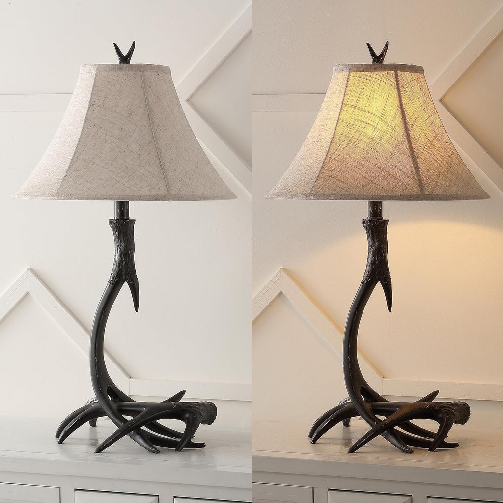 Rustic Antler Table Lamp 27.5", Farmhouse Lodge Cabin Decor for Living Room Bedroom, Resin Bedside Nightstand End Table Lamp with Linen Shade