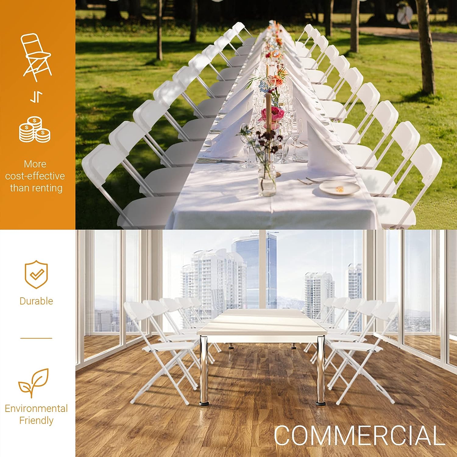 Set of 10 Pack White Plastic Folding Chair, Indoor Outdoor Portable Stackable Commercial Seat with Steel Frame