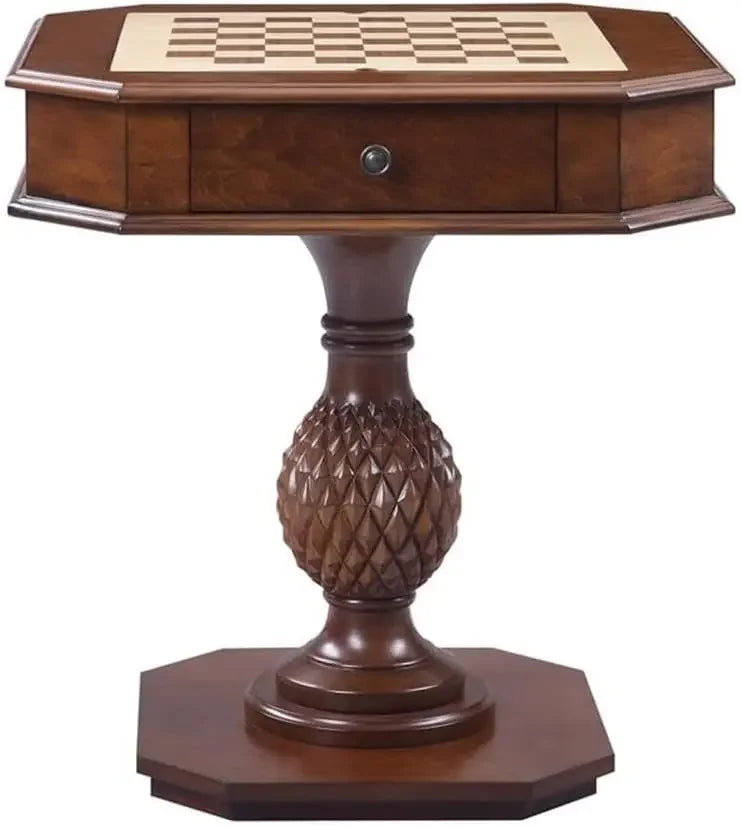Luxury Handcrafted Wood Chess Table with Storage Drawer – Elegant Carved Pedestal Game Table Acme Furniture