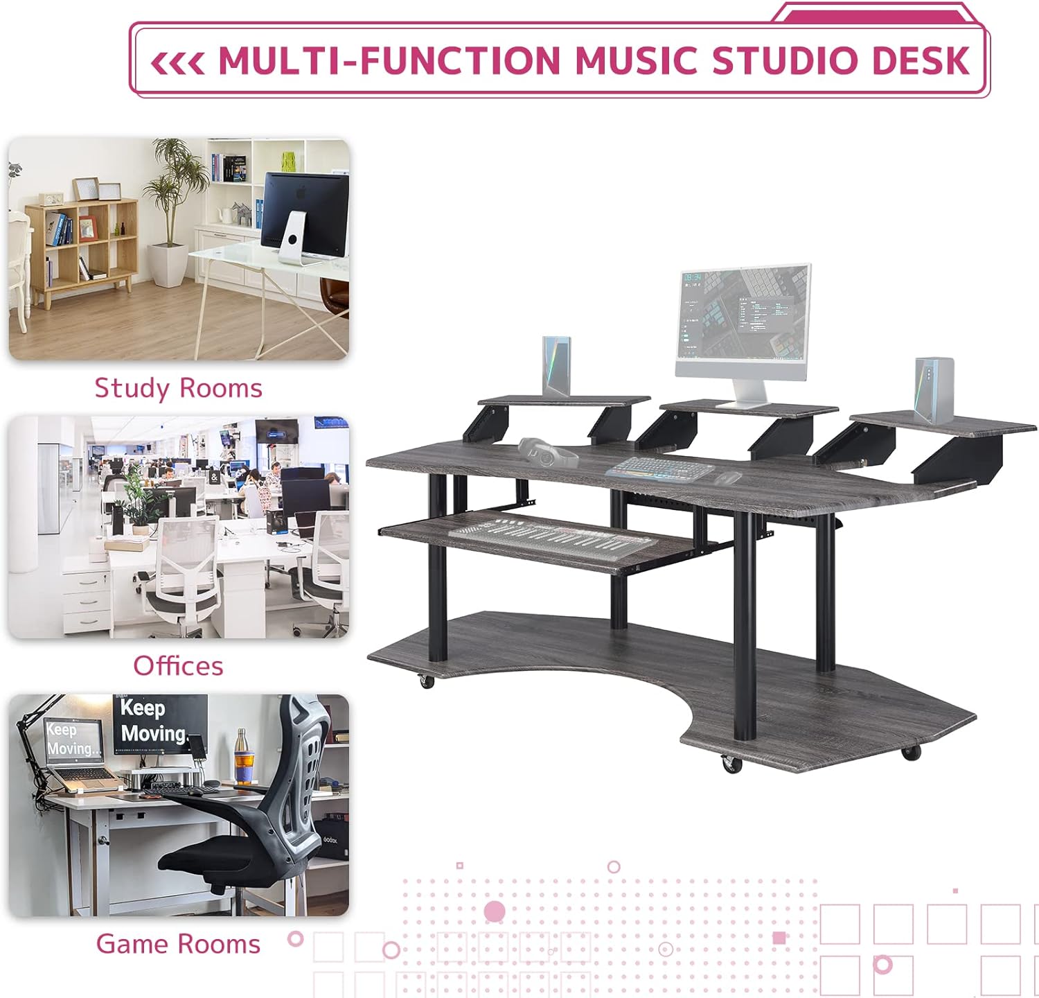 Eleazar Wooden 4-Shelf Music Recording Studio Desk in Black Oak