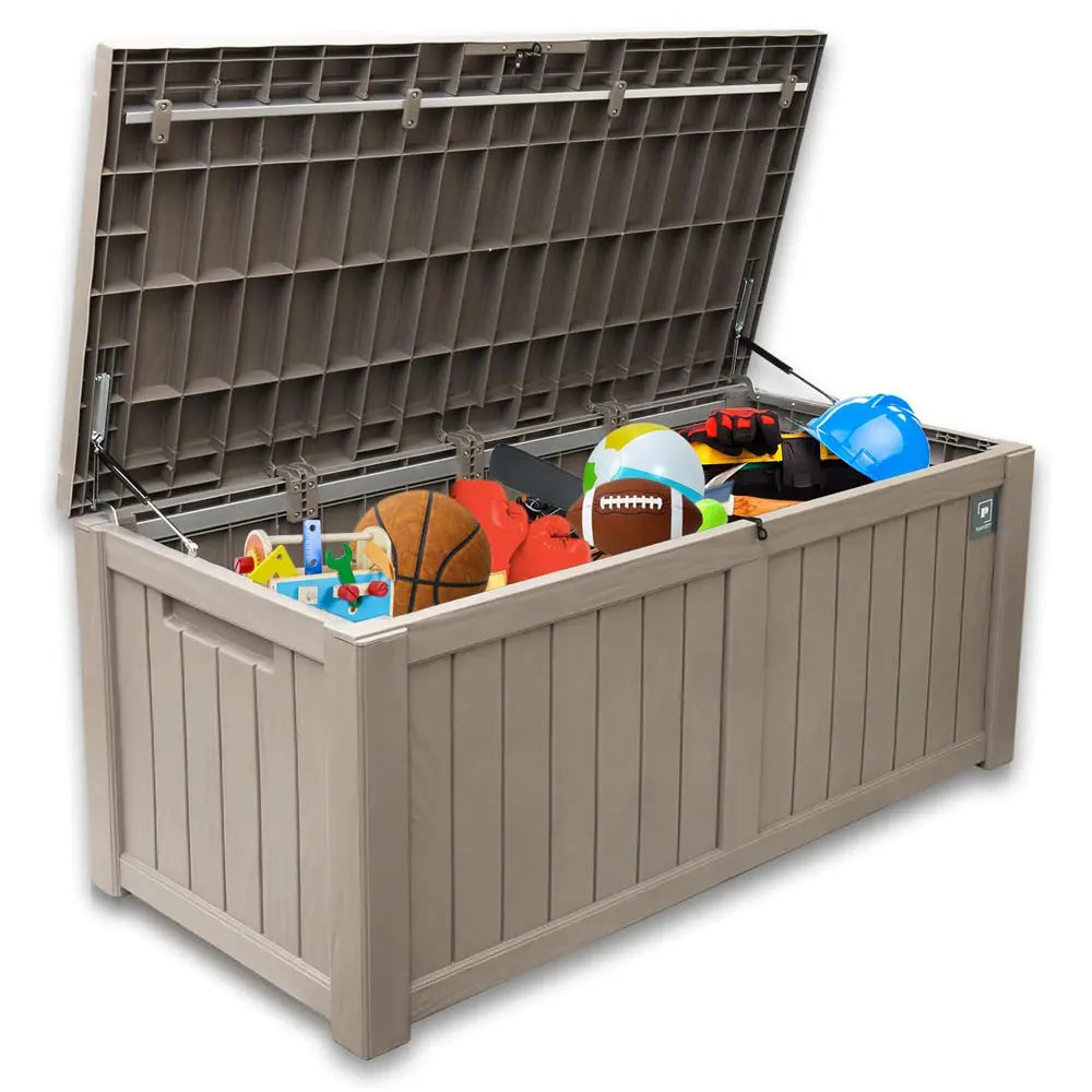 120 Gallon Outdoor Storage Box, Rain Waterproof Resin Deck Box, Lockable Large Storage Container for Patio Furniture, Cushions, Garden Tools, Sports Equipment and Pool Supplies Taupe Shopmurai