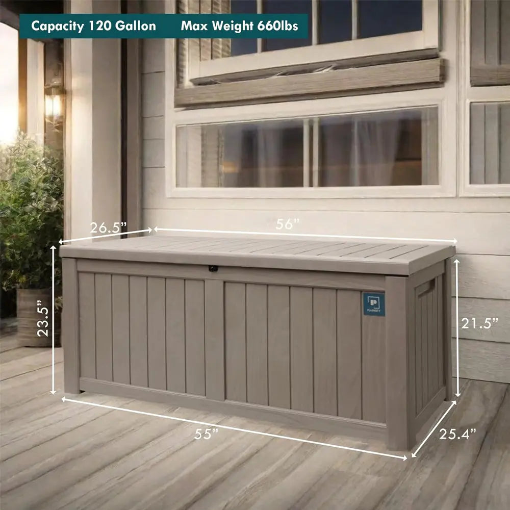 120 Gallon Outdoor Storage Box, Rain Waterproof Resin Deck Box, Lockable Large Storage Container for Patio Furniture, Cushions, Garden Tools, Sports Equipment and Pool Supplies Taupe Shopmurai