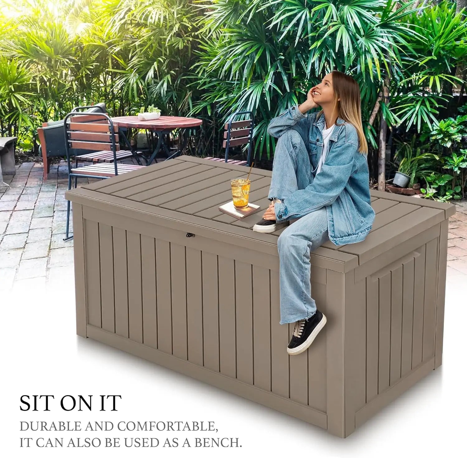 230 Gallon Outdoor Storage Box, Rain Waterproof Resin Deck Box, Lockable Large Storage Container for Patio Furniture, Cushions, Garden Tools, Sports Equipment and Pool Supplies Taupe Shopmurai