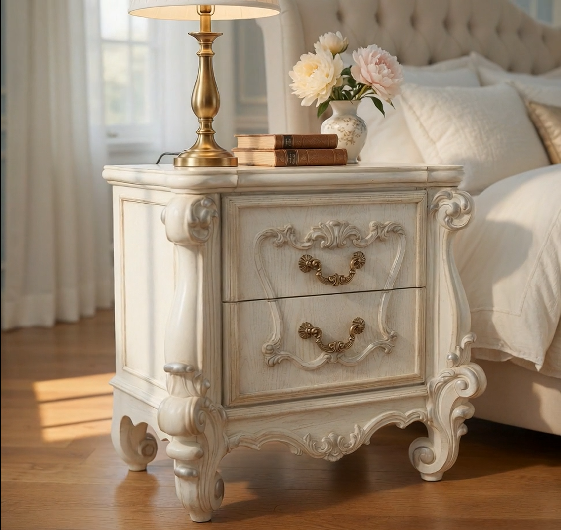 Baroque Bone White 2-Drawer Nightstand - Poplar & Aspen Wood with Scrolled Legs
