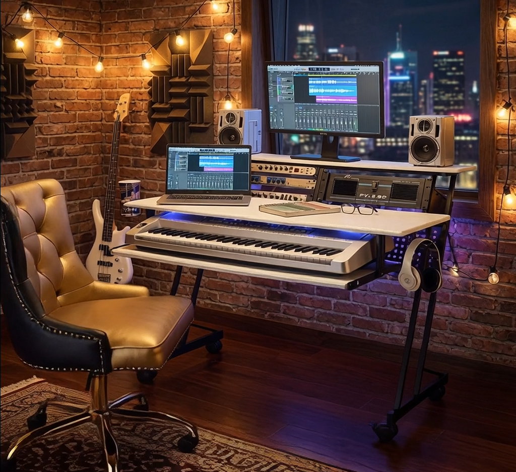 Music Recording Studio Desk with Keyboard Tray - White Home Producer Workstation