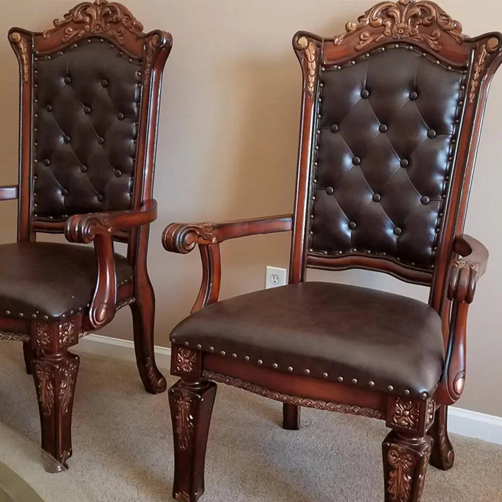 Vendome Dining Arm Chair Set of 2 in PU and Cherry - Luxurious Button Tufted Design Acme Furniture