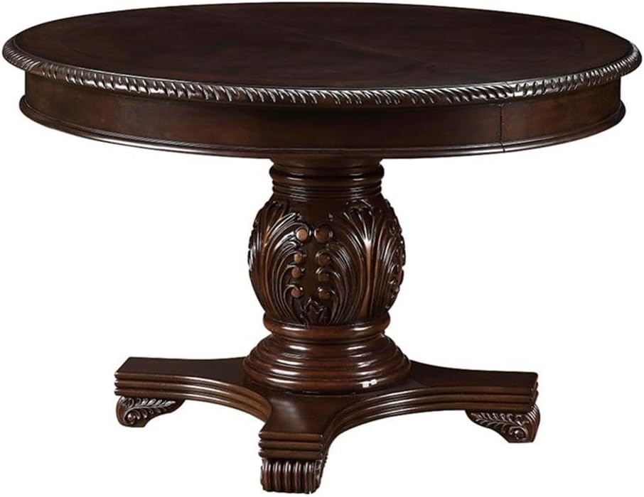 Chateau de Ville Espresso Single Pedestal Extension Dining Table – Round Parquet Top with Ornate Carvings