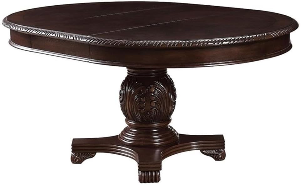 Chateau de Ville Espresso Single Pedestal Extension Dining Table – Round Parquet Top with Ornate Carvings