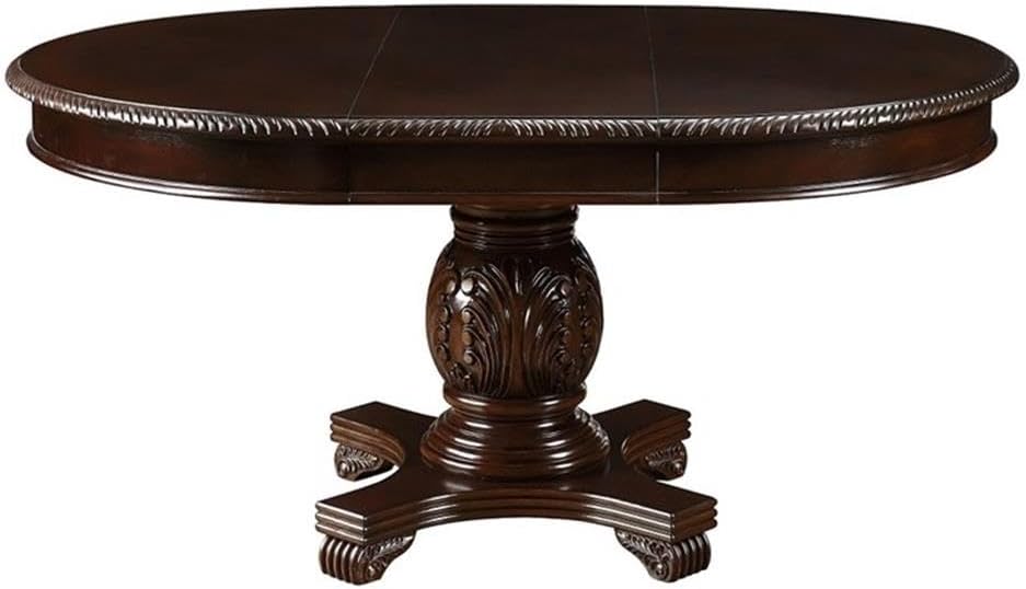 Chateau de Ville Espresso Single Pedestal Extension Dining Table – Round Parquet Top with Ornate Carvings